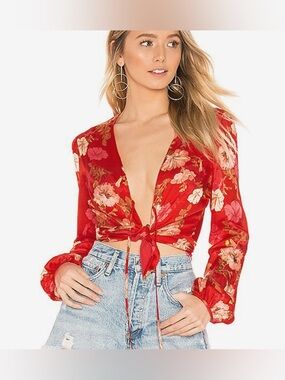 MAJORELLE Red Floral Tie-Front Crop Blouse